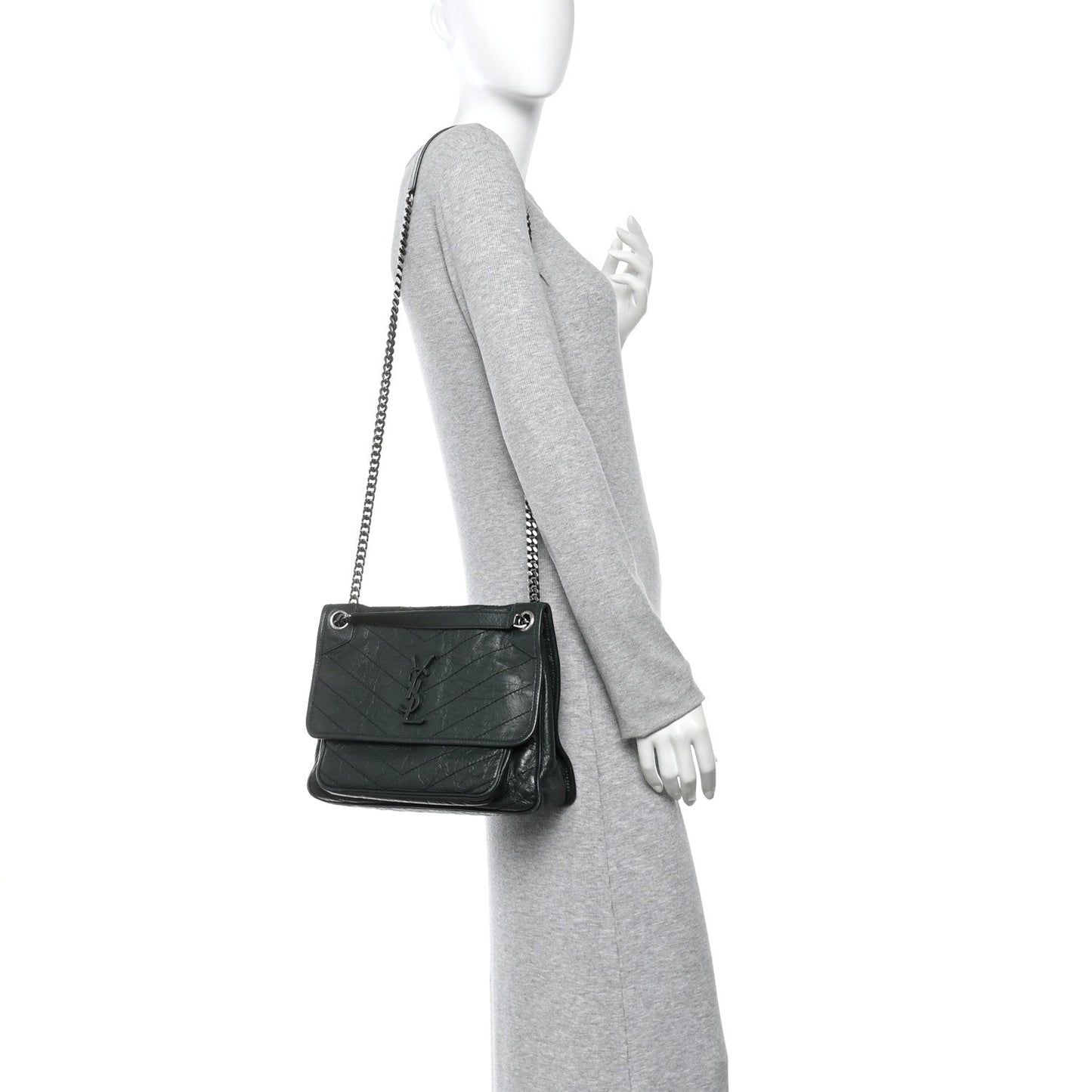 Crinkled Lambskin Matelasse Monogram Medium Niki Chain Satchel Dark Green