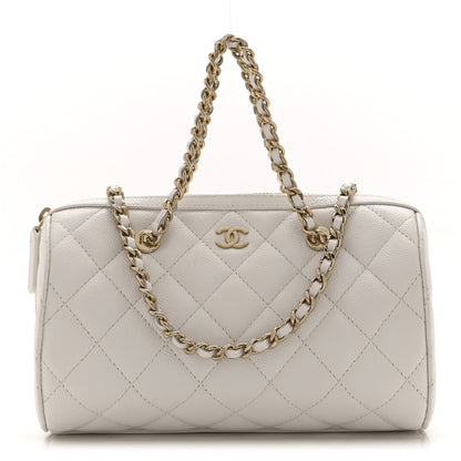 Caviar Quilted Barrel Clutch With Chain White