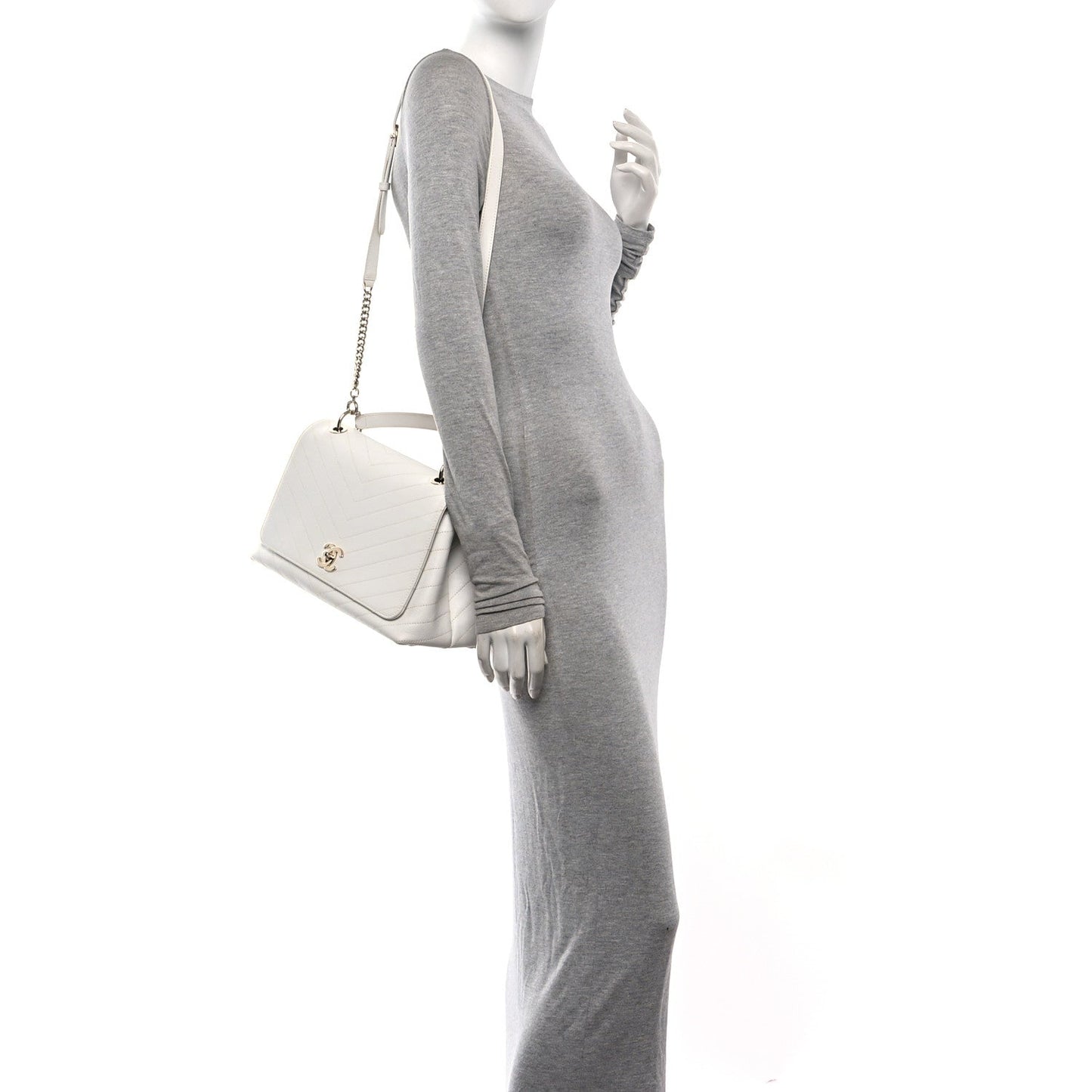 Grained Calfskin Stitched Medium Chevron Chic Top Handle Flap White