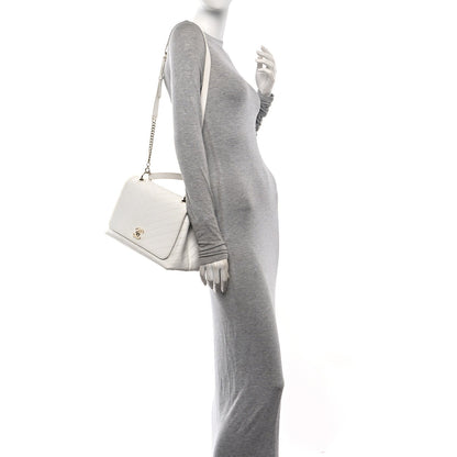 Grained Calfskin Stitched Medium Chevron Chic Top Handle Flap White