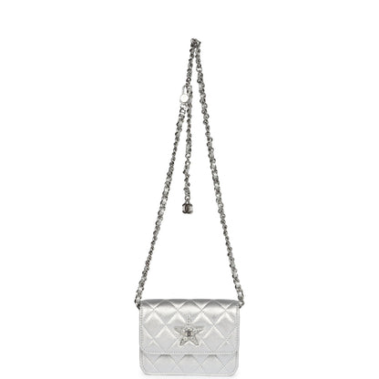 Chanel Crystal CC Walk Of Fame Clutch Wallet Silver Metallic Goatskin Silver Hardware