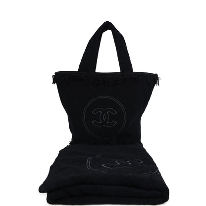 Chanel Coco Beach Tote Black Terry Cloth with Towel