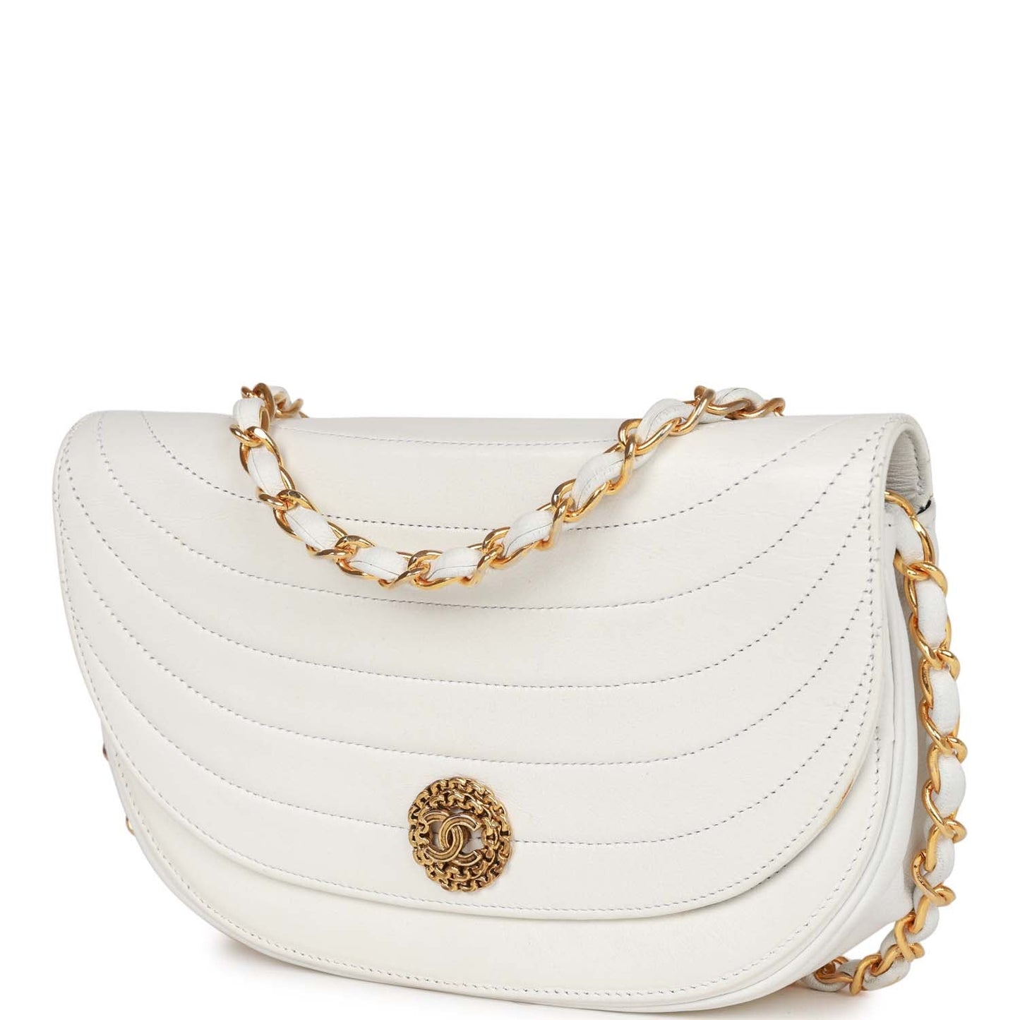 Chanel Vintage Half Moon Shoulder Bag White Lambskin Gold Hardware