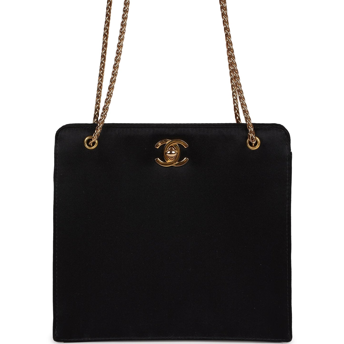 Chanel Vintage Square Shoulder Bag Black Satin Gold Hardware