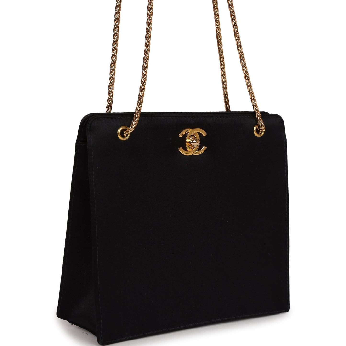 Chanel Vintage Square Shoulder Bag Black Satin Gold Hardware