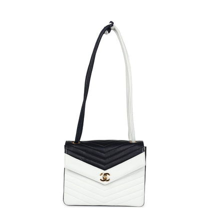 Chanel Vintage Chevron Envelope Flap Shoulder Bag Navy and White Lambskin Gold Hardware