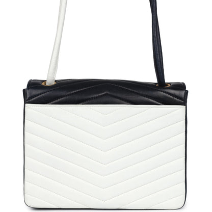 Chanel Vintage Chevron Envelope Flap Shoulder Bag Navy and White Lambskin Gold Hardware