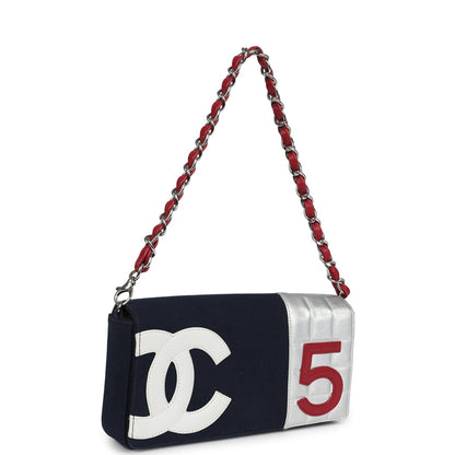 Chanel Vintage N0.5 Chain Shoulder Bag Navy, Silver, Red Canvas Silver Hardware