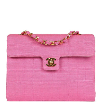 Chanel Vintage Vertical Mademoiselle Shoulder Bag Pink Linen Gold Hardware