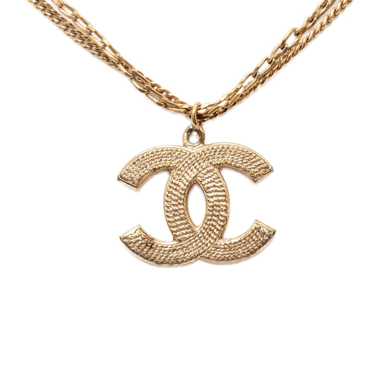 Chanel CC Gold Plated Textured Pendant Double Chain Necklace