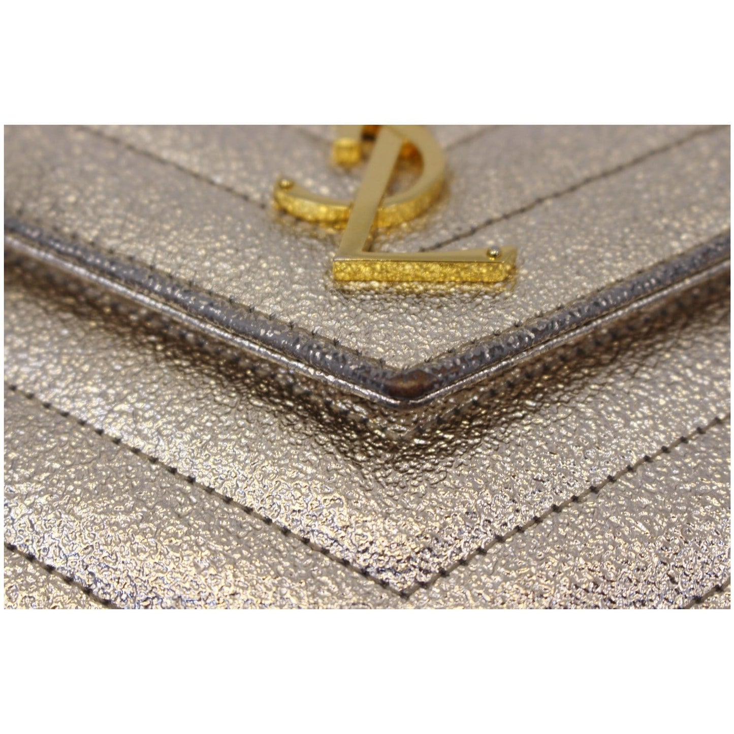 YVES SAINT LAURENT Chevron Leather Chain Wallet Shoulder Bag Silver