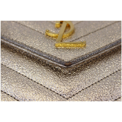 YVES SAINT LAURENT Chevron Leather Chain Wallet Shoulder Bag Silver