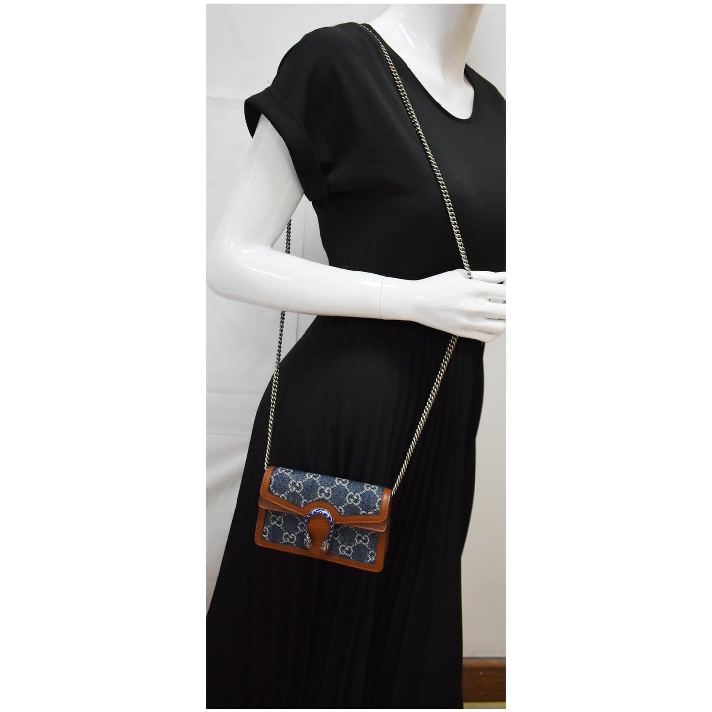 GUCCI Dionysus Super Mini GG Jacquard Denim Chain Shoulder Bag Dark Blue 476432
