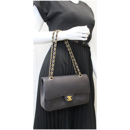 CHANEL Classic Pure Caviar Medium Double Flap Leather Shoulder Bag Black