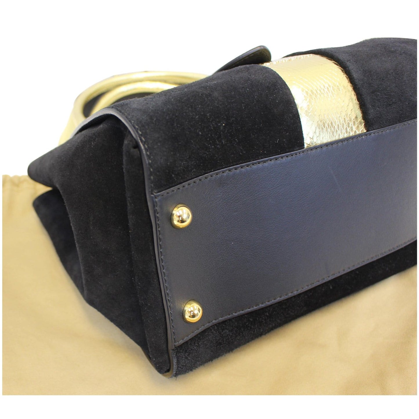 BURBERRY The Medium Buckle Suede and Snakeskin Tote Shoulder Bag Black