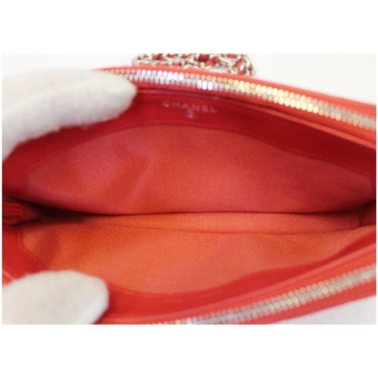 CHANEL Chevron Studded with Chain Lambskin Leather Shoulder Crossbody Bag Red