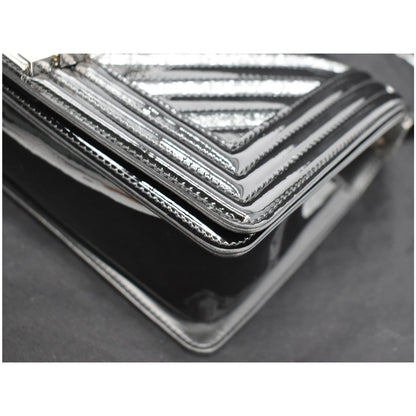 CHANEL Medium Boy Chevron Patent Glitter PVC Shoulder Bag Black