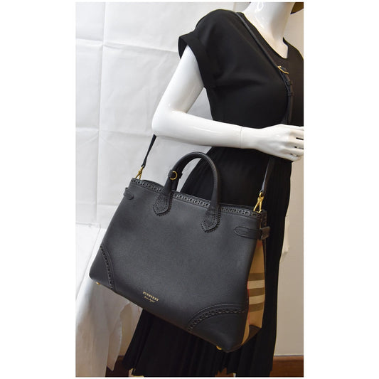 BURBERRY Large Banner Calfskin House Check Leather Tote Shoulder Bag Black