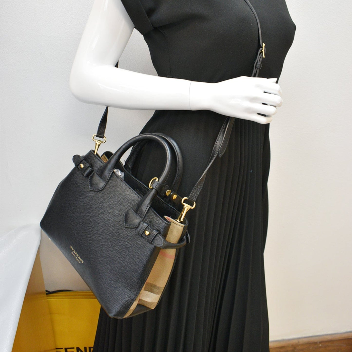 BURBERRY Derby Banner Small House Check Leather Tote Shoulder Bag Black