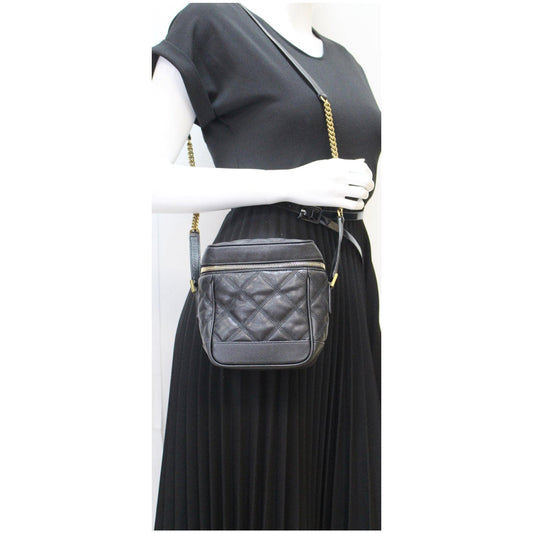 YVES SAINT LAURENT 80's Vanity Quilted Grain De Poudre Leather Shoulder Bag Black