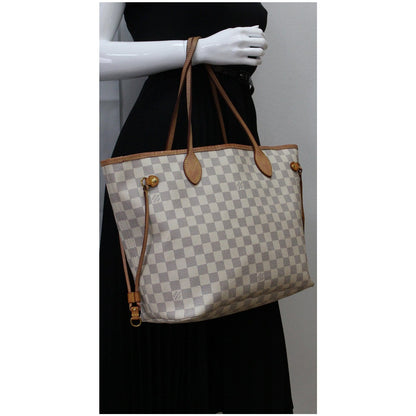 LOUIS VUITTON Neverfull MM Damier Azur Tote Shoulder Bag White