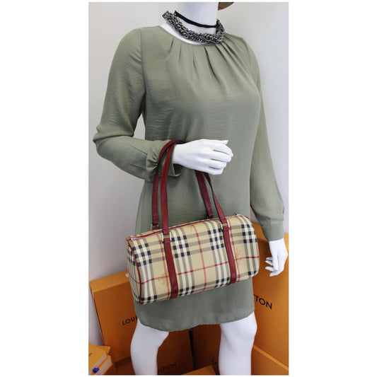 BURBERRY Barrel Haymarket Check Coated Canvas Shoulder Bag Red