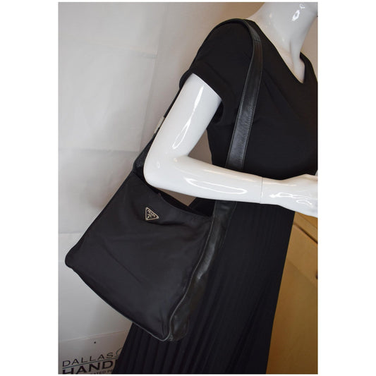 PRADA Nylon Leather Strap Shoulder Bag Black