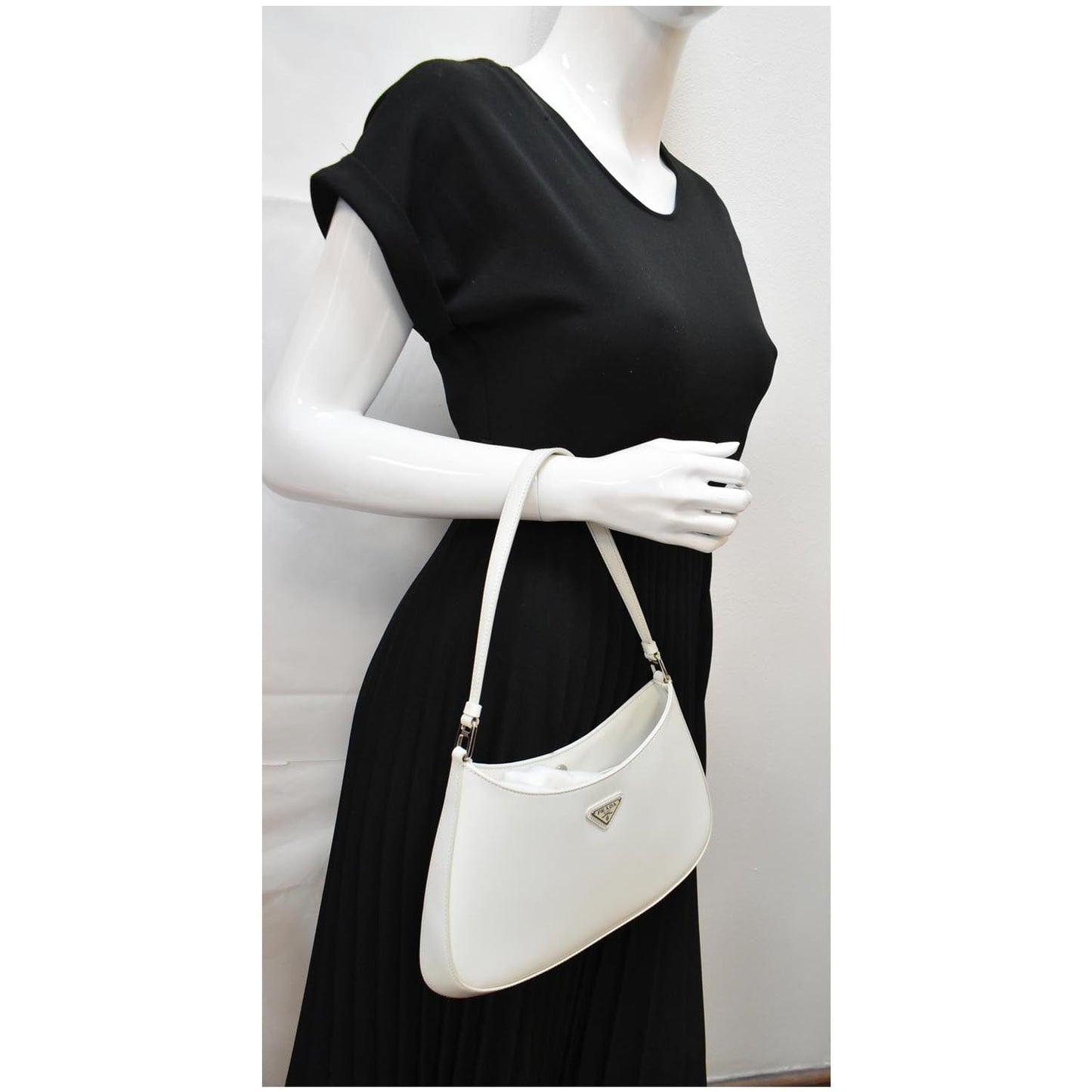 PRADA Cleo Brushed Leather Shoulder Bag White