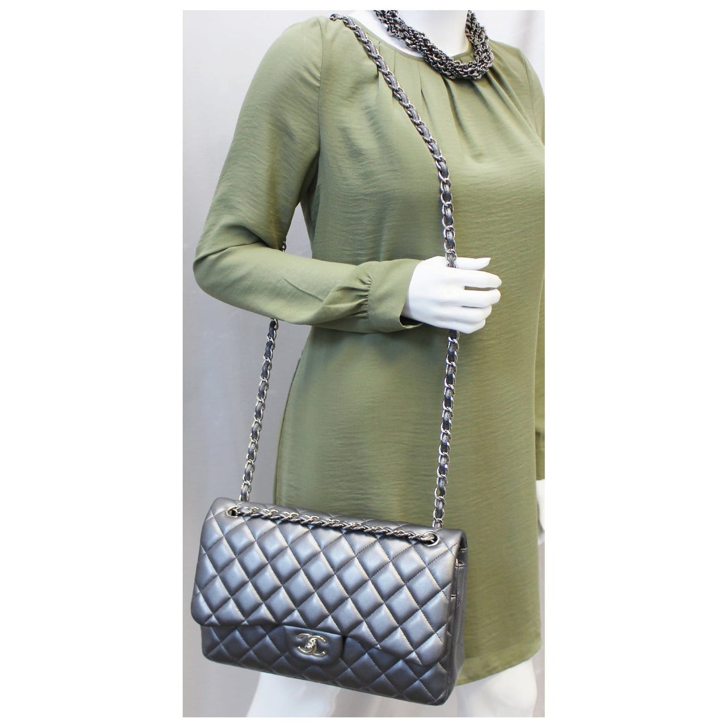 CHANEL Jumbo Calfskin Leather Double Flap Silver Shoulder Bag