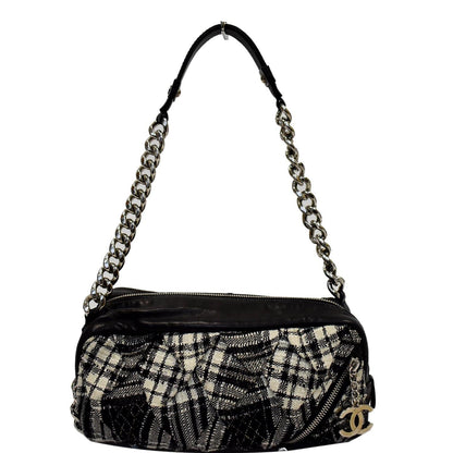 CHANEL Twisted Zipper Tweed Leather Shoulder Bag Black