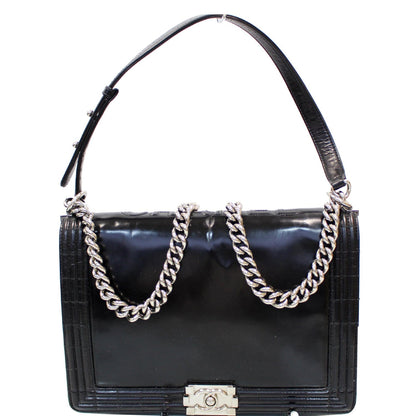 CHANEL Large Boy Glazed Calfskin Leather Shoulder Bag Black