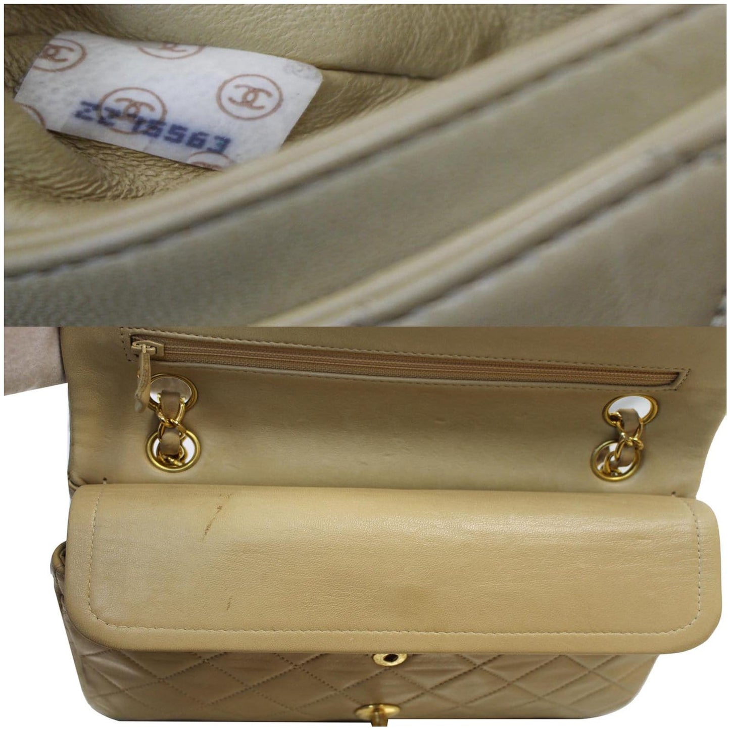 CHANEL CC Double Flap Calfskin Leather Chain Shoulder Bag Beige