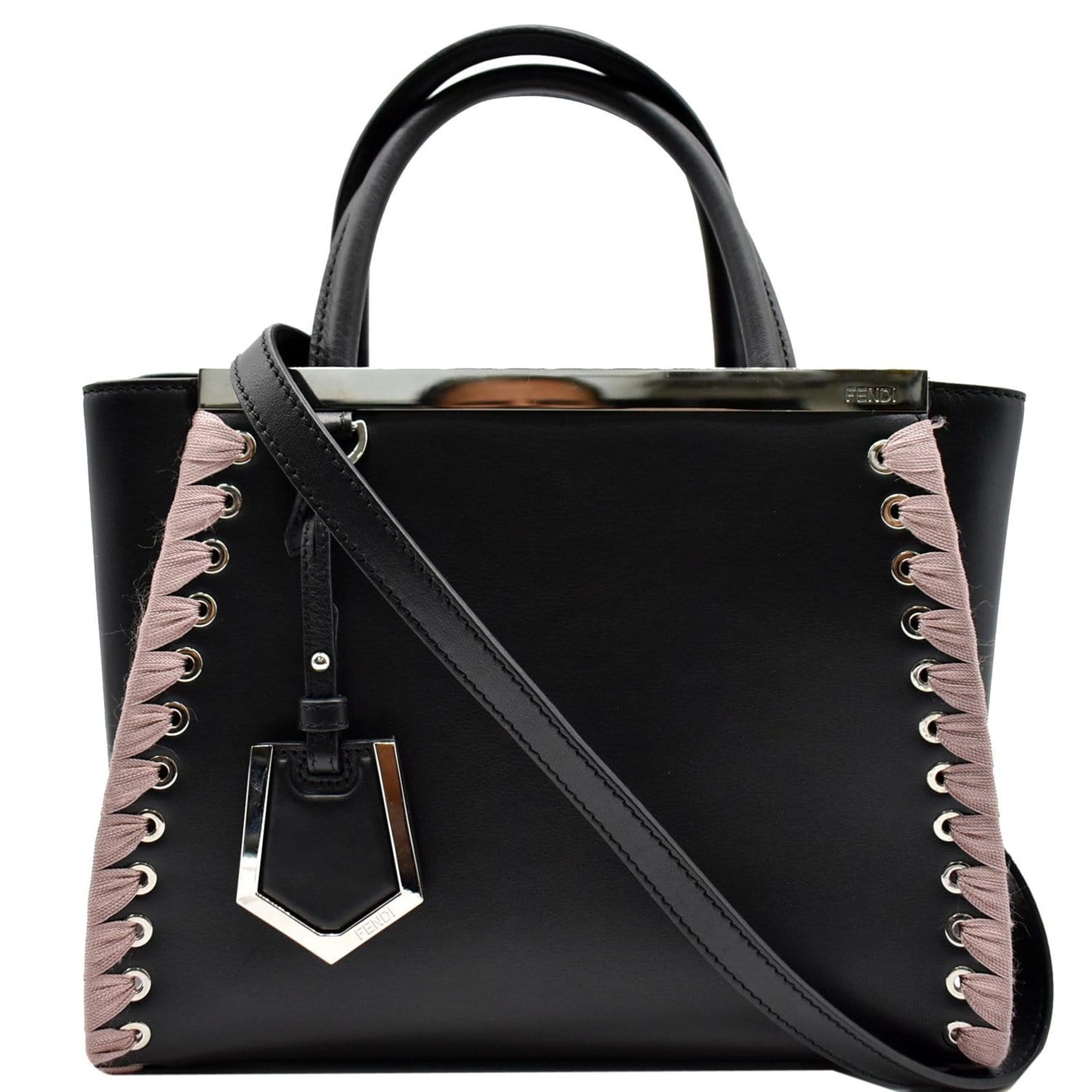 FENDI Petite 2Jours Whipstitch Leather Tote Shoulder Bag Black