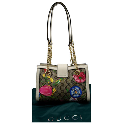 GUCCI Padlock Flora Small GG Supreme Canvas Shoulder Bag Beige 498156