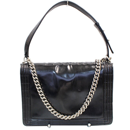 CHANEL Large Boy Glazed Calfskin Leather Shoulder Bag Black