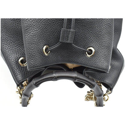 GUCCI Miss Bamboo Medium Leather Bucket Shoulder Handbag Black 387613