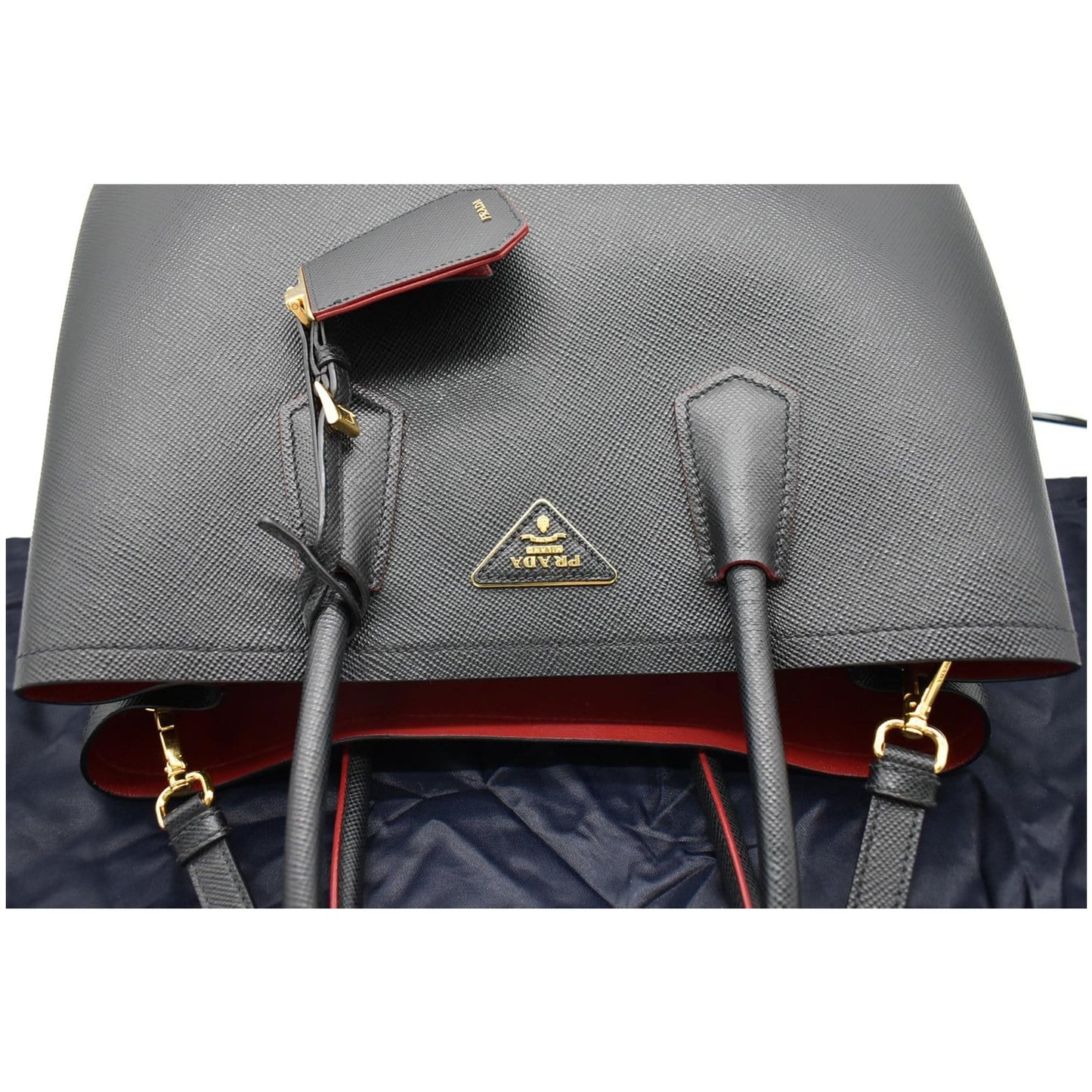 PRADA Double Handle Saffiano Leather Tote Shoulder Bag Black