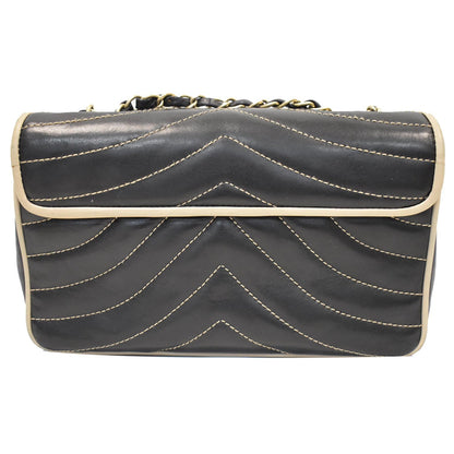 CHANEL Chevron Contrast Quilted Lambskin Flap Shoulder Bag Black