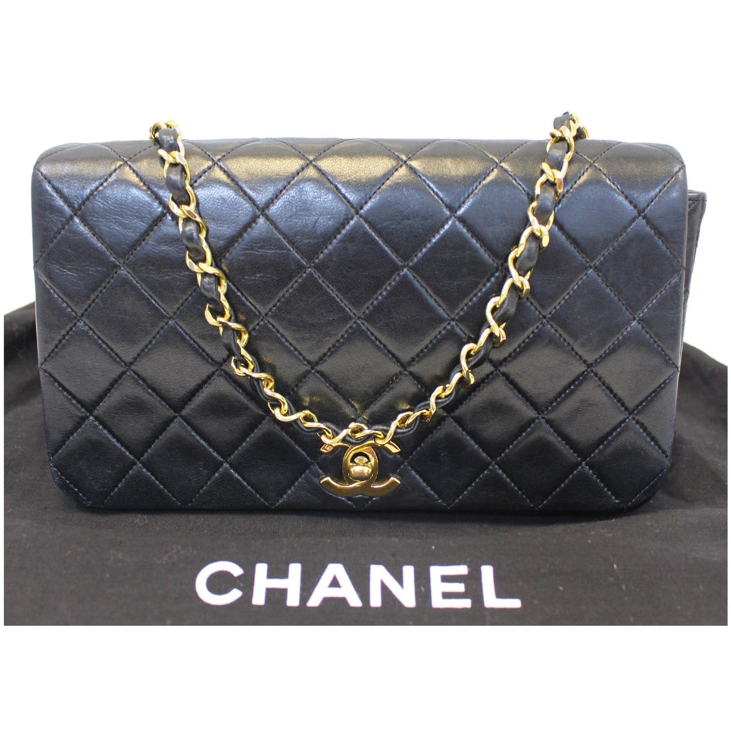 CHANEL Vintage Single Flap Quilted Lambskin Shoulder Bag Black