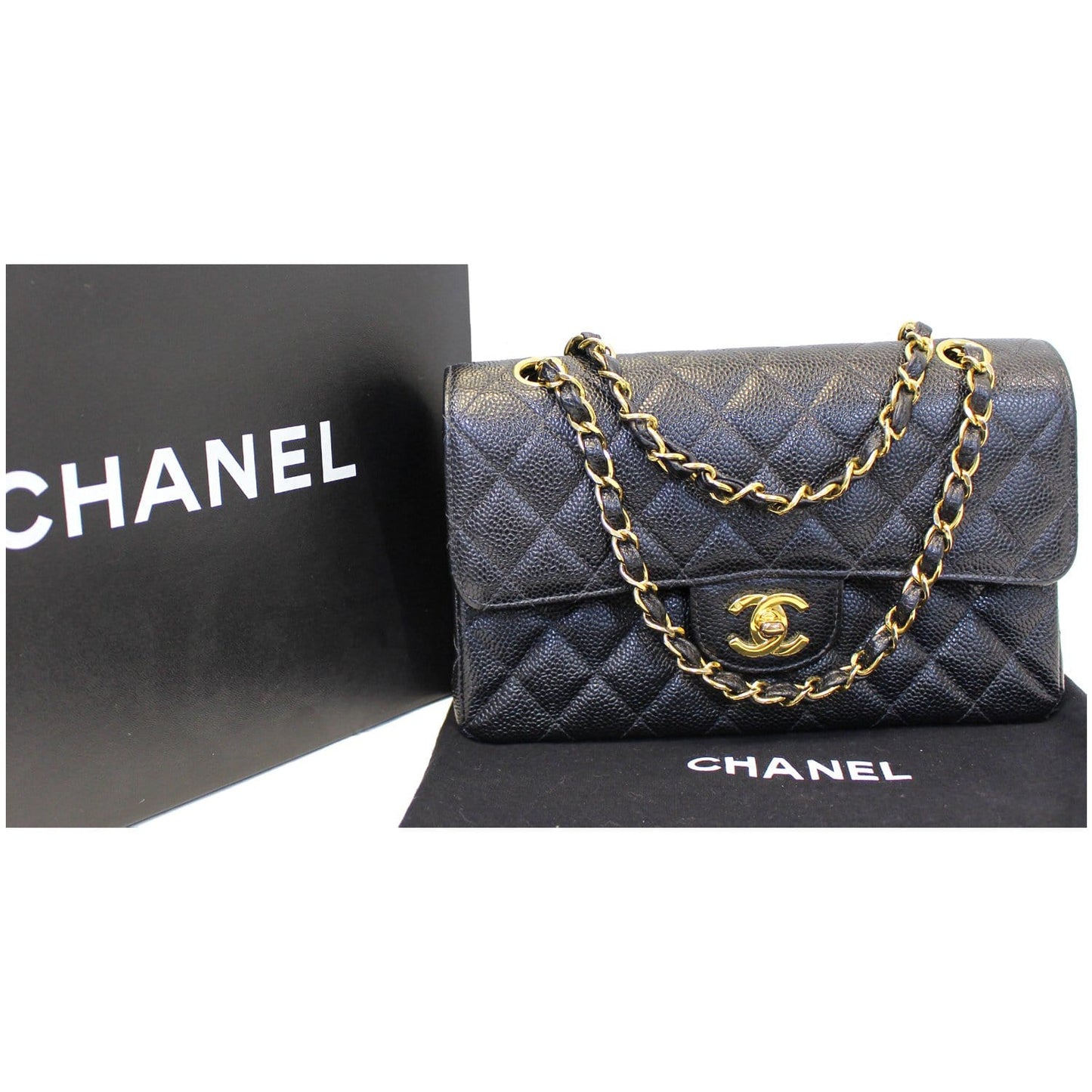 CHANEL Double Flap Small Caviar Leather Shoulder Bag Black