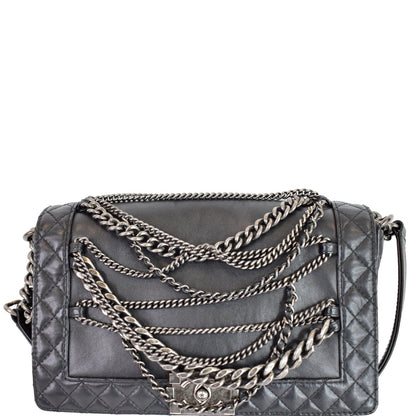 CHANEL Boy Enchained Medium Calfskin Leather Flap Shoulder Bag Black