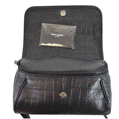 YVES SAINT LAURENT Niki Croc Embossed Leather Shoulder Bag Black