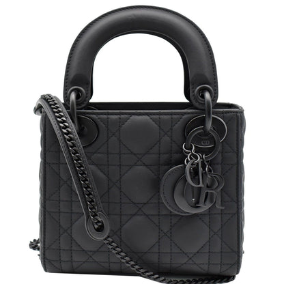 CHRISTIAN DIOR Mini Lady Dior Cannage Calfskin Leather Shoulder Bag Matte Black
