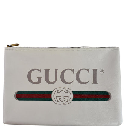 GUCCI Pebbled Leather Medium Logo Portfolio Clutch White 500984 - Last Call