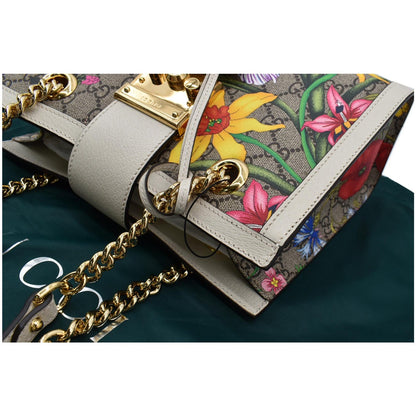 GUCCI Padlock Flora Small GG Supreme Canvas Shoulder Bag Beige 498156