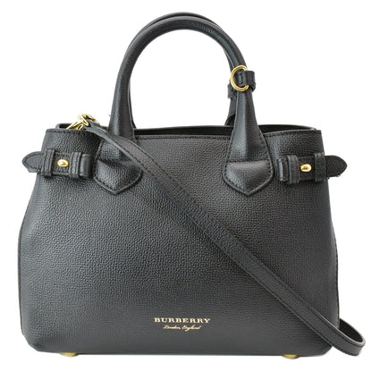 BURBERRY Derby Banner Small House Check Leather Tote Shoulder Bag Black