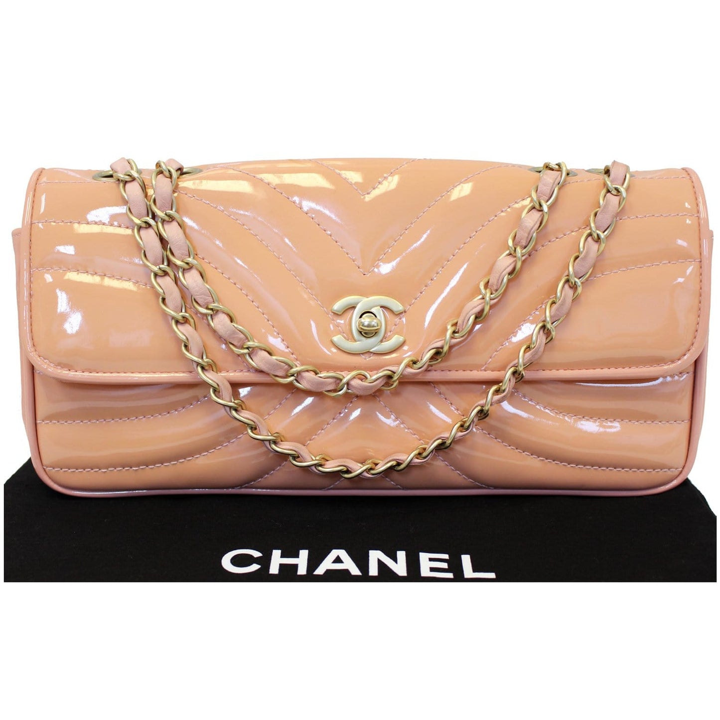 CHANEL Patent Leather Flap Shoulder Bag Peach