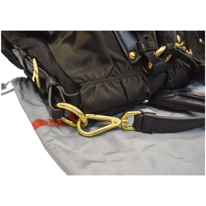 PRADA Tessuto Gaufre Ruched Nylon Leather Shoulder Bag Green