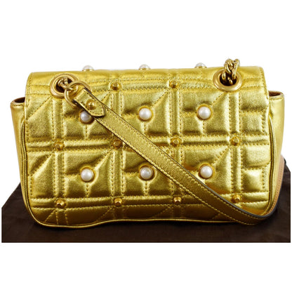GUCCI GG Marmont Mini Pearl Studded Leather Shoulder Bag Gold 446744