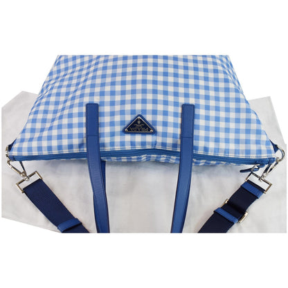 PRADA Textured Nylon Check Tote Shoulder Bag Blue